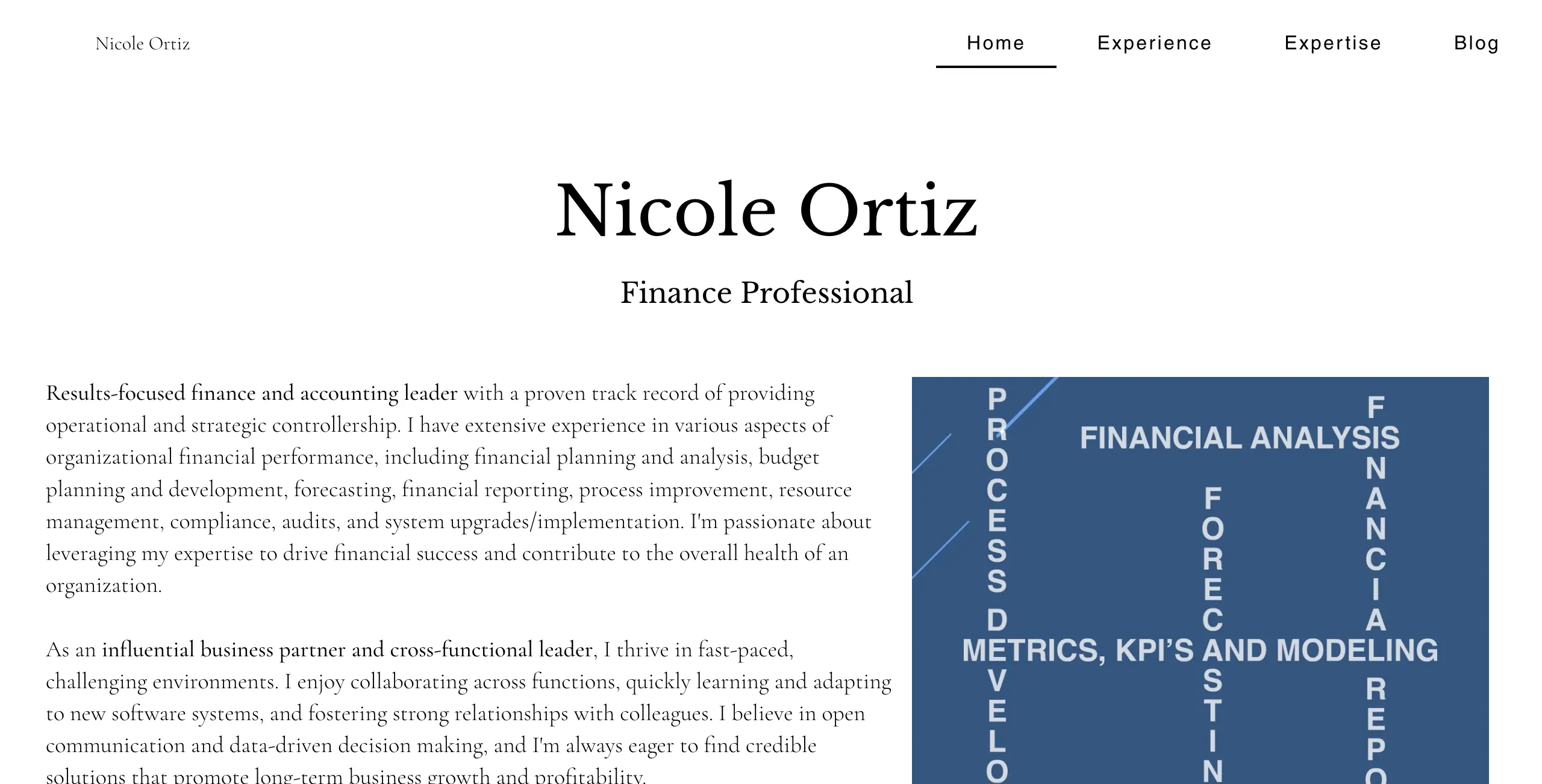 The nortizfinance.com homepage before the rebuild — a dated Wix template with a serif headline over a blue box of vertically-stacked words
